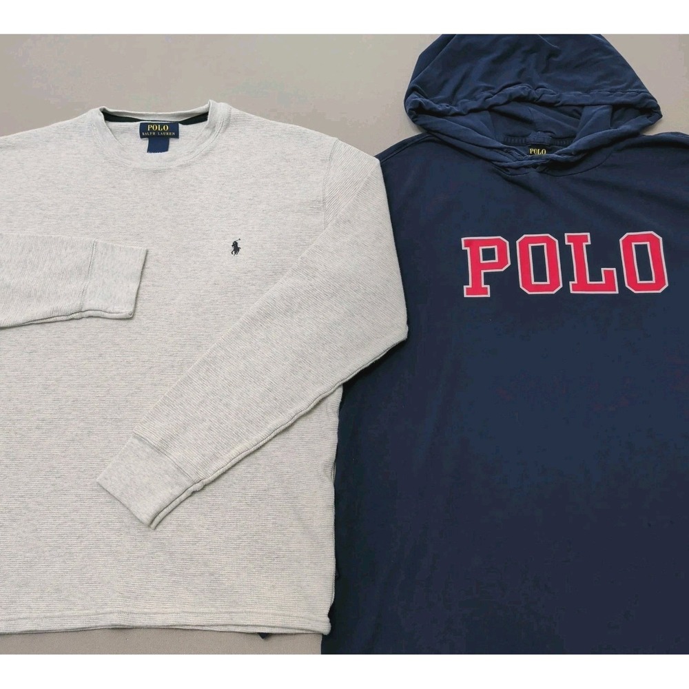 Lot of 2 Polo Ralph Lauren Mens L Long Sleeve Shirts Gray Waffle Knit Hooded Tee